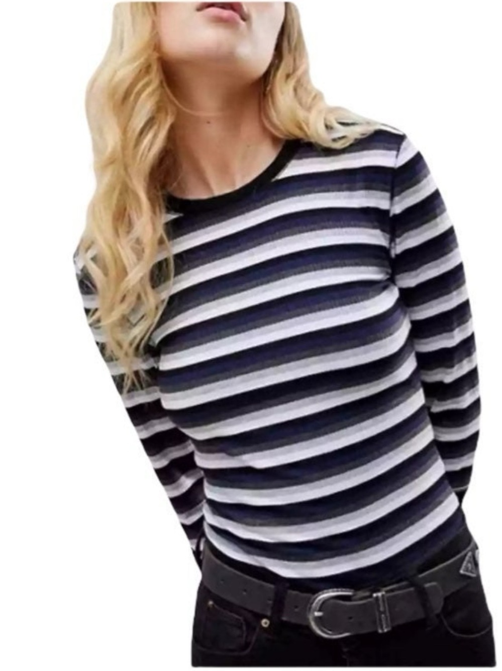 The Free People Good on You Stripe Long-Sleeve Black White T-Shirt Size Medium